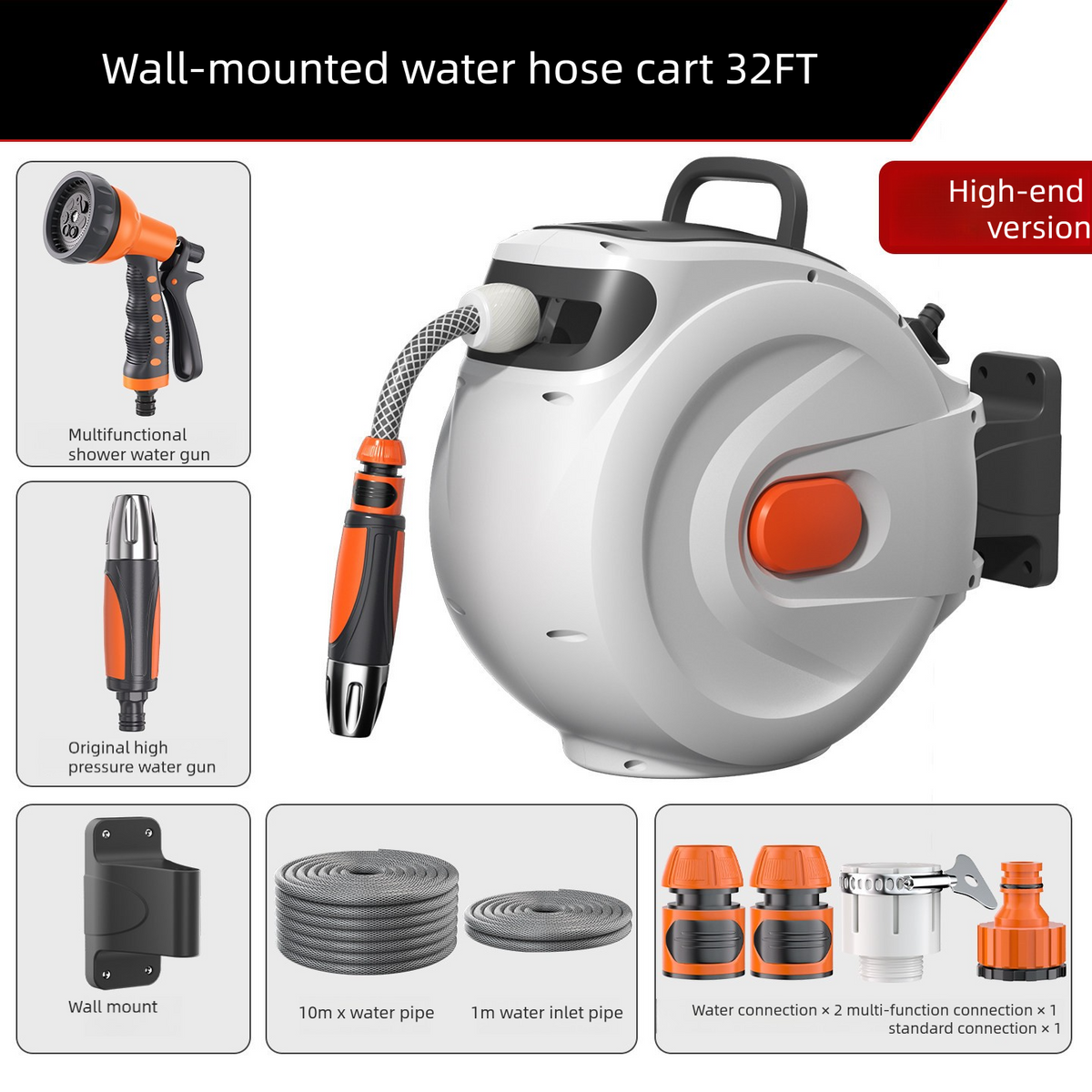 Extendable hose reel, 180° rotation, with 9 spray patterns