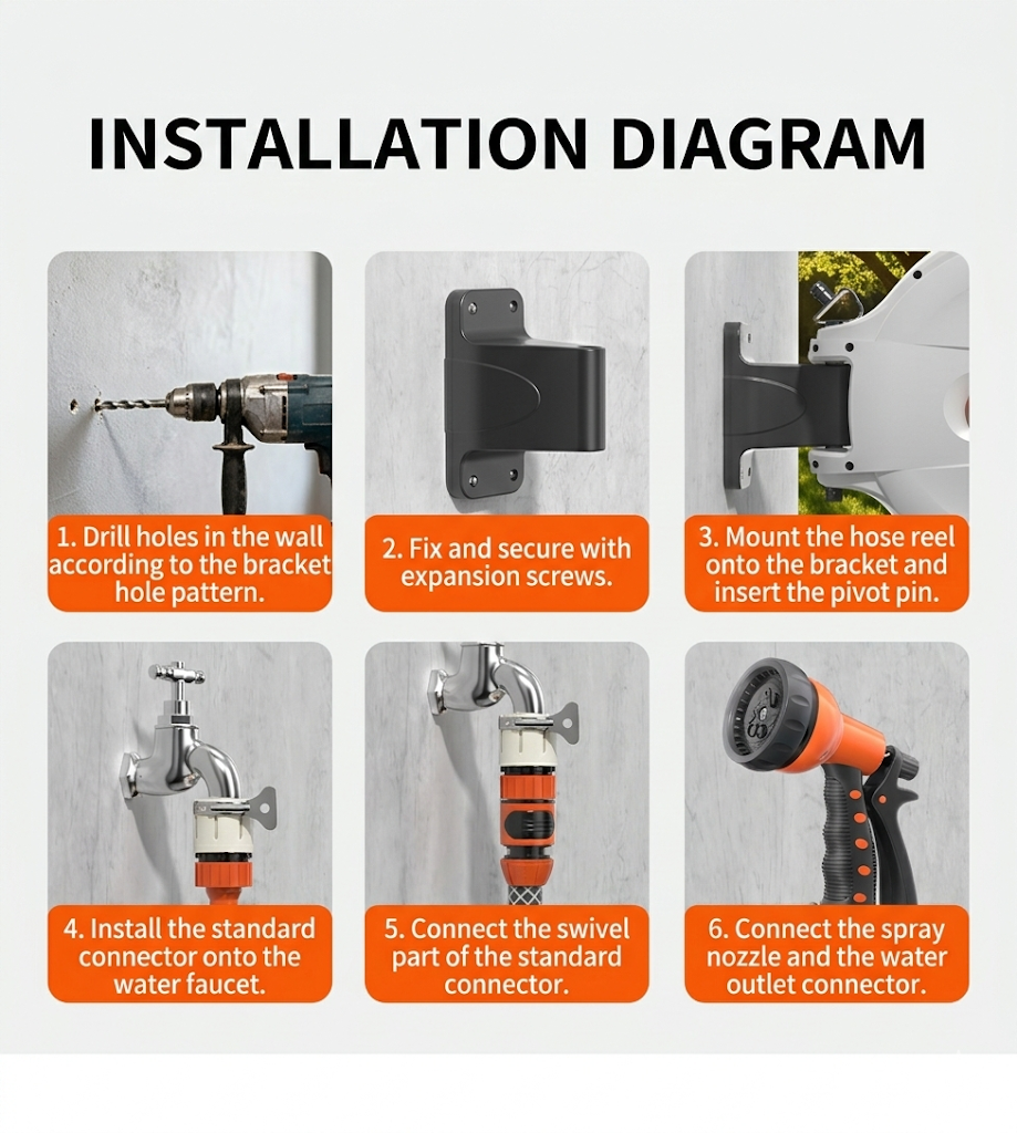Extendable hose reel, 180° rotation, with 9 spray patterns