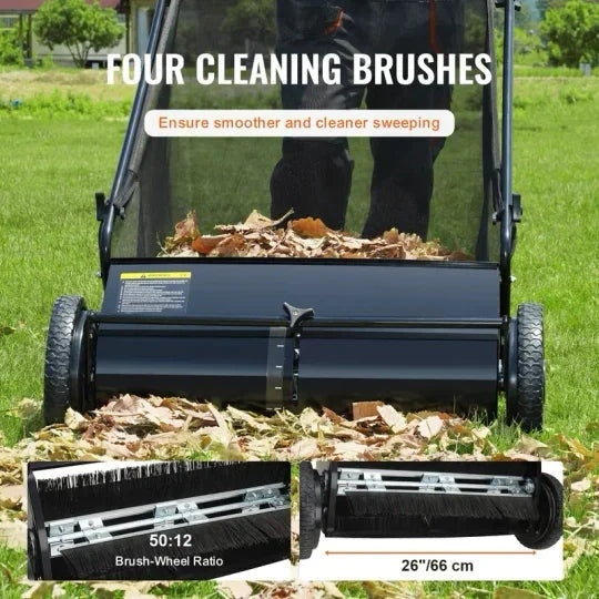 A push lawn sweeper that collects fallen leaves and grass clippings.