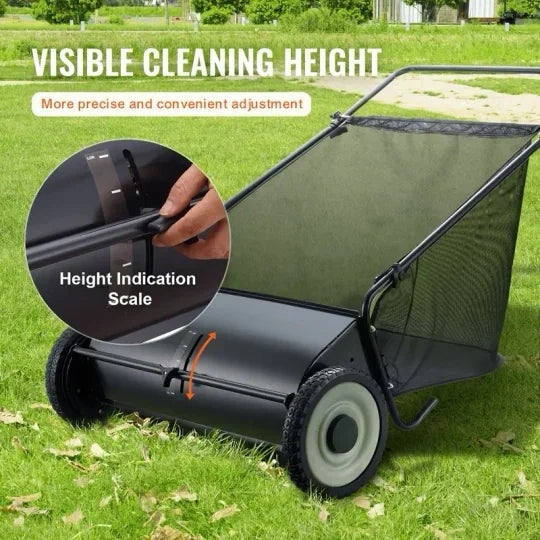 A push lawn sweeper that collects fallen leaves and grass clippings.