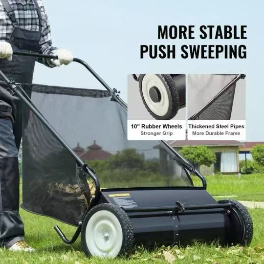 A push lawn sweeper that collects fallen leaves and grass clippings.