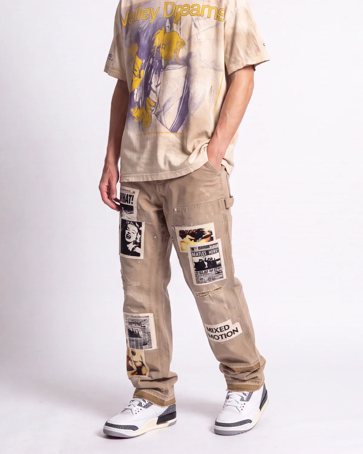 Mixed Emotions Newspaper Carpenter Pants – Khaki | Graphic Streetwear Cargo