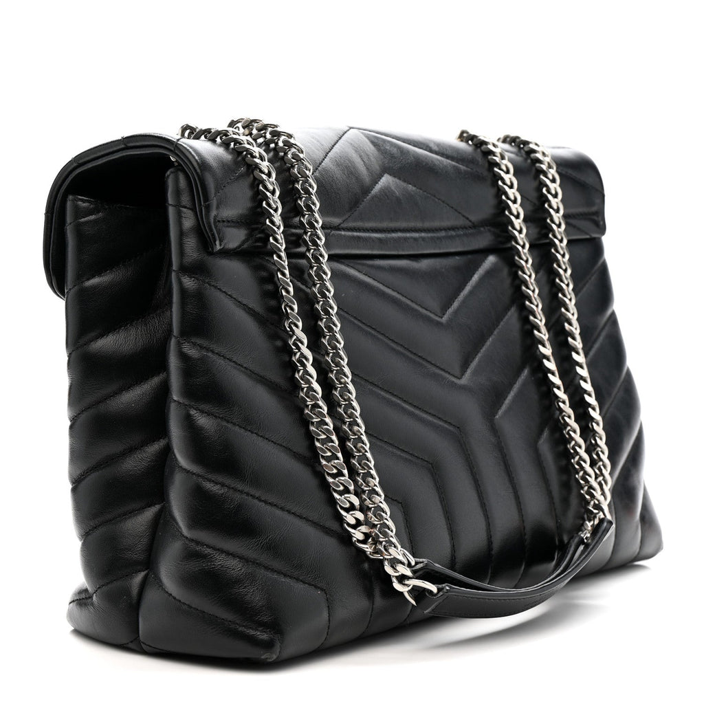 Calfskin Y Quilted Monogram Medium Loulou Chain Satchel Black