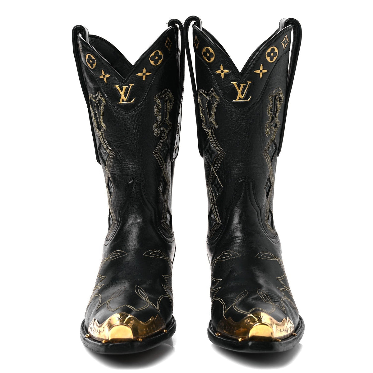 Calfskin LV Texan Mens Rider Boots 7.5 Black Gold