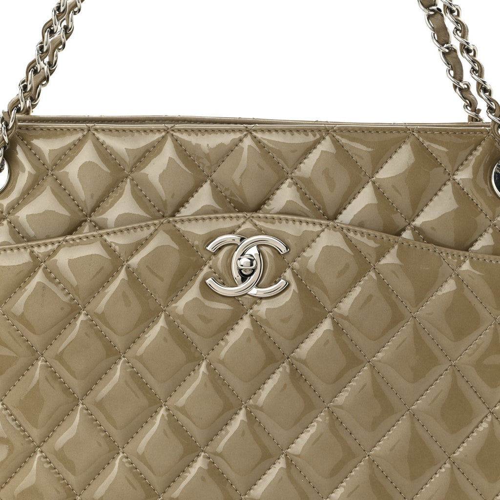 Patent Quilted Accordion Shopping Tote Beige