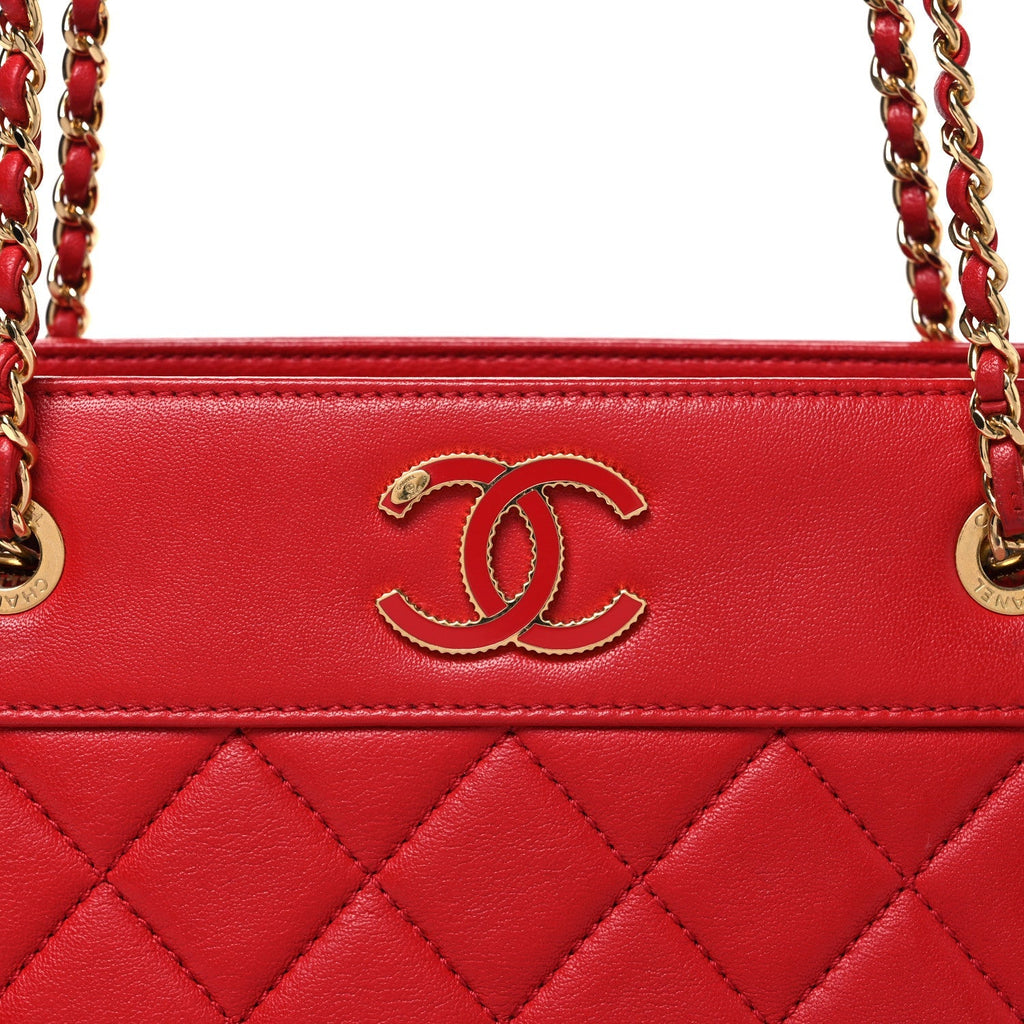 Sheepskin Quilted Small Mademoiselle Vintage Shopping Tote Red