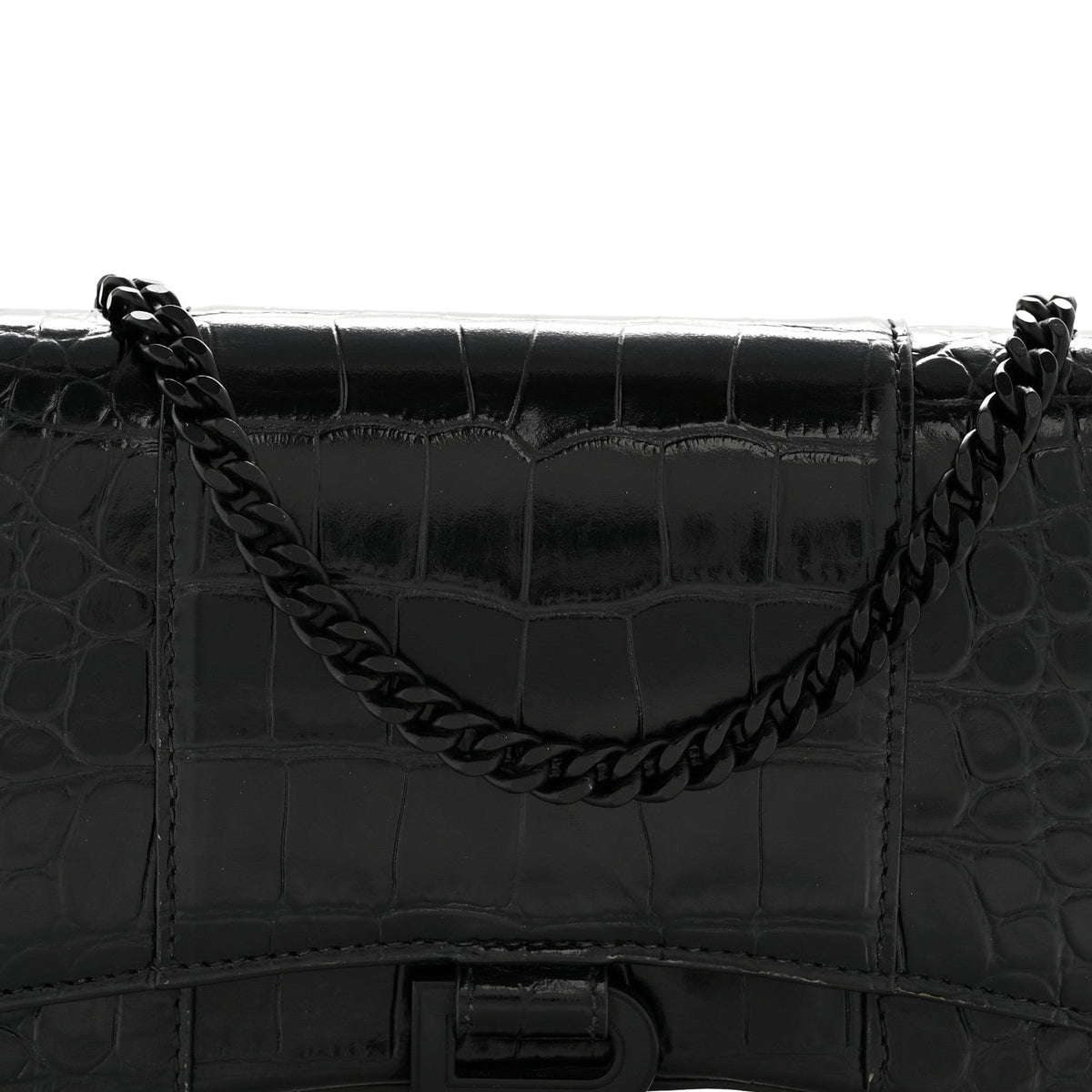 Shiny Calfskin Monochrome Crocodile Embossed Hourglass Chain Bag Black