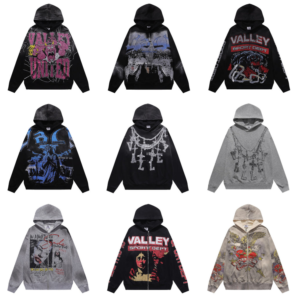 Cross border fashion VALE autumn and winter new printed hip-hop street style pure cotton casual versatile hooded sweatshirt