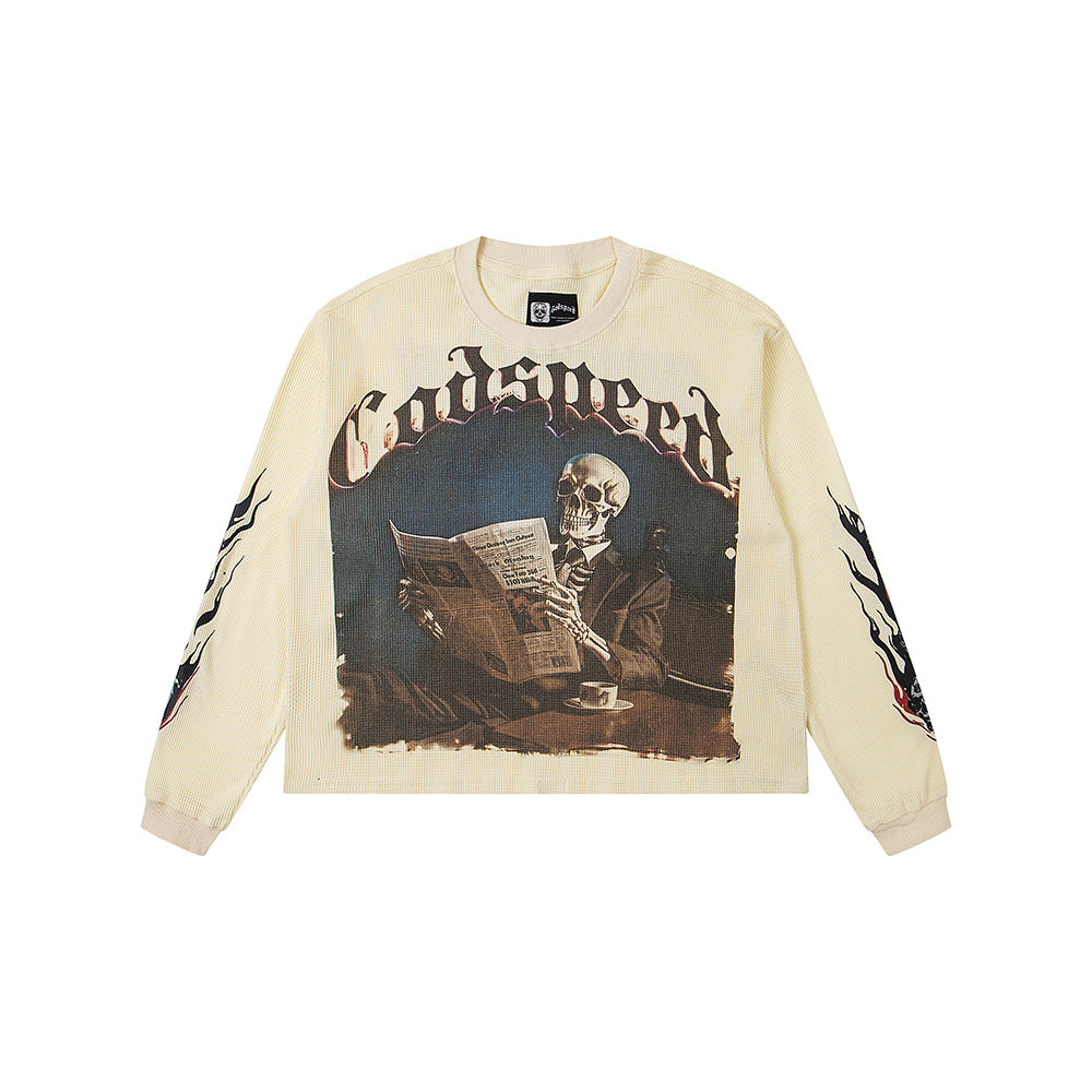 Cross border fashion Godspeed new American street hip-hop print retro waffle casual long sleeved T-shirt