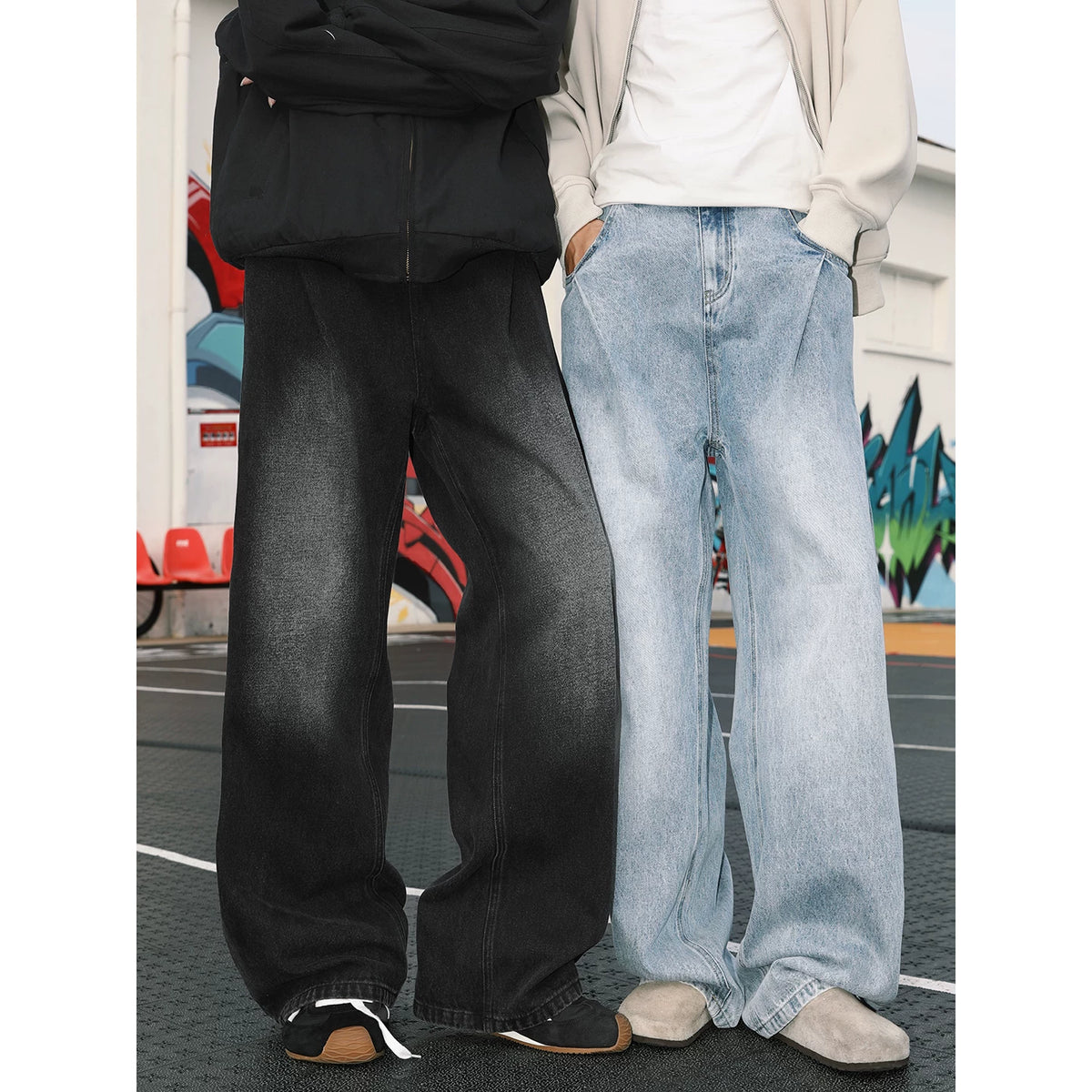 MANYSTON American retro washed denim pants men's summer trendy brand casual loose wide leg straight leg pants