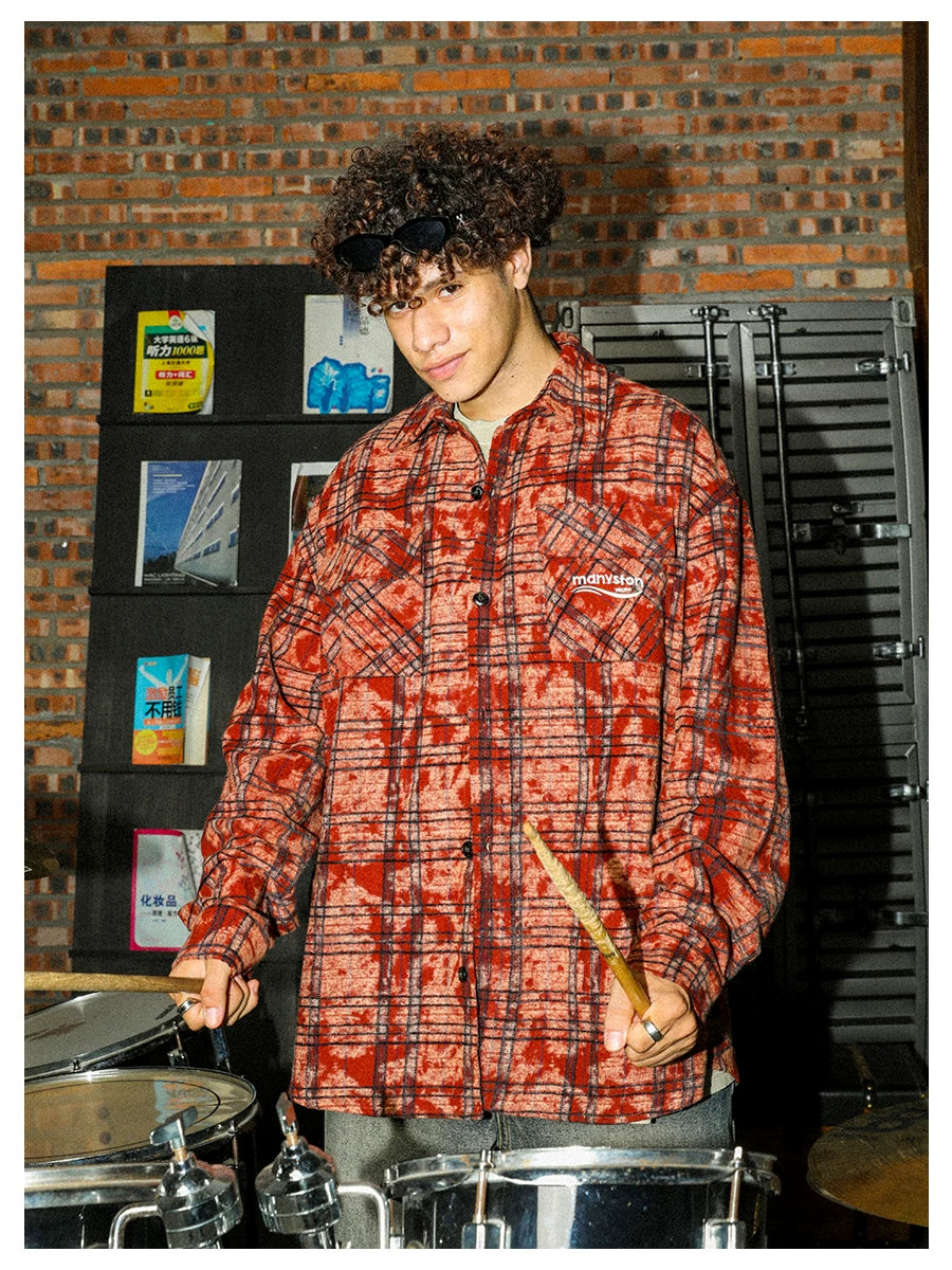 MANYSTON China-Chic American style long sleeved flowered shirt for men in spring and autumn, senior sense, ruffian handsome plaid casual shirt coat