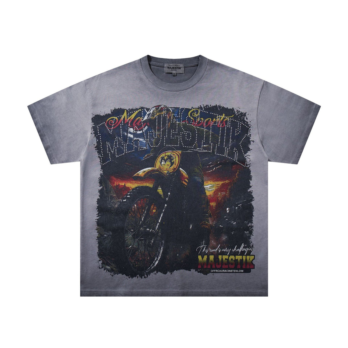 Cross border Meichao MAJESTIK Direct Spray American Street Hip Hop Printed Hot Diamond Retro Washed Short Sleeve T-shirt