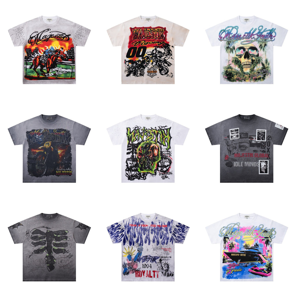 Cross border Meichao MAJESTIK Direct Spray American Street Hip Hop Printed Hot Diamond Retro Washed Short Sleeve T-shirt
