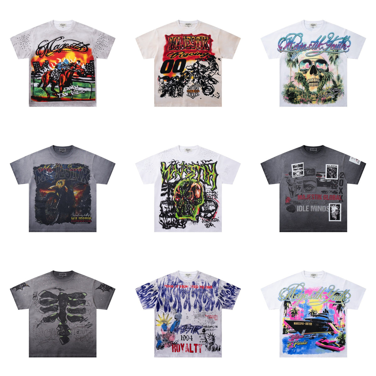 Cross border Meichao MAJESTIK Direct Spray American Street Hip Hop Printed Hot Diamond Retro Washed Short Sleeve T-shirt