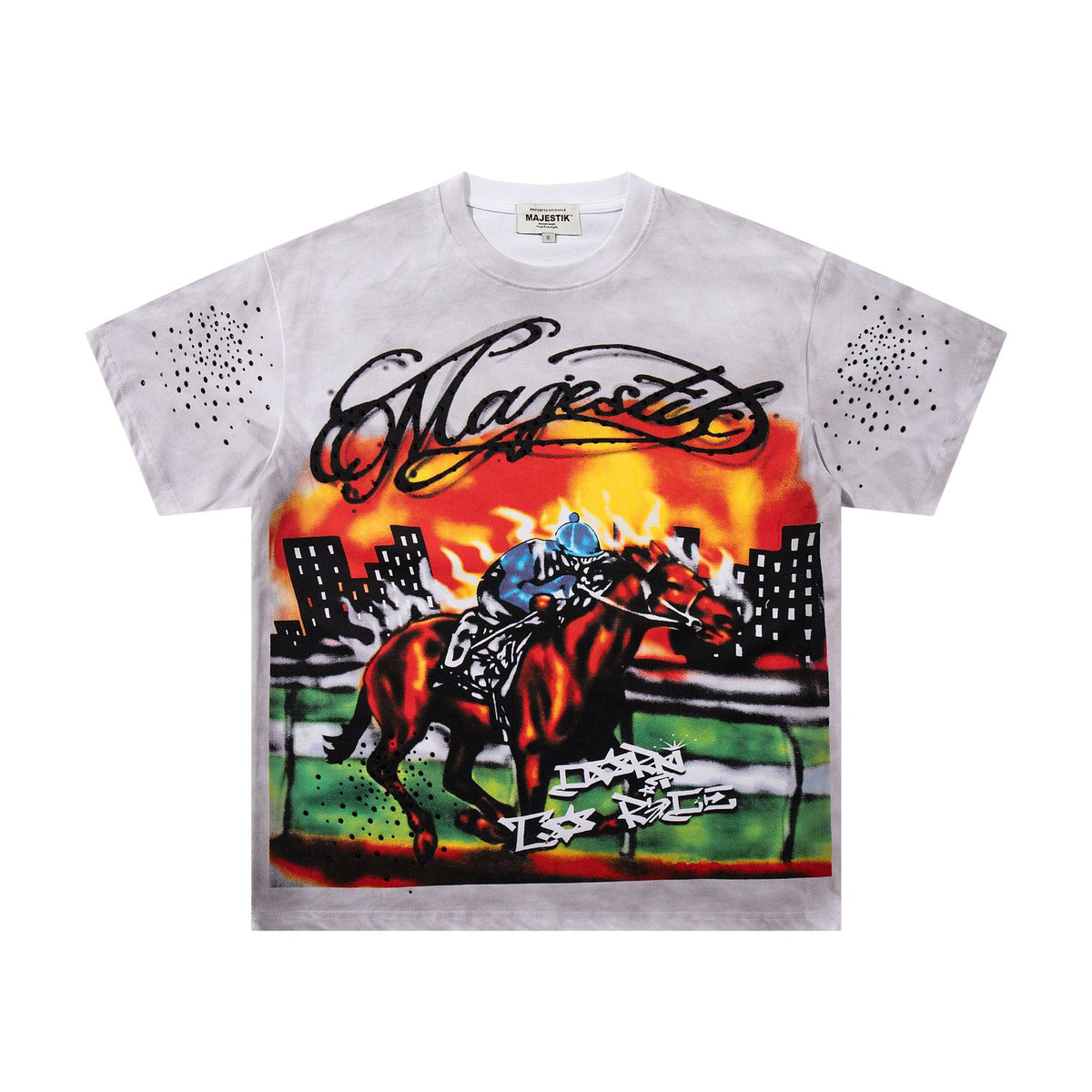 Cross border Meichao MAJESTIK Direct Spray American Street Hip Hop Printed Hot Diamond Retro Washed Short Sleeve T-shirt