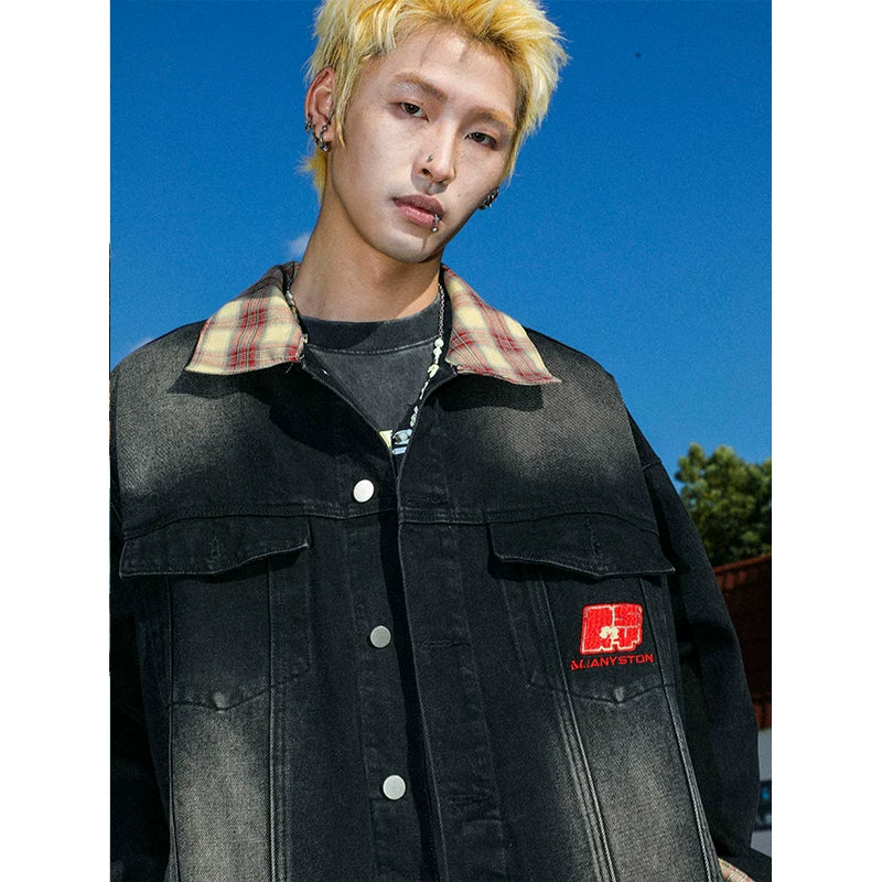 MANYSTON American Retro Collar Casual Jacket for Boys, Spring and Autumn Style, Trendy Brand, European and American Street Denim Jacket