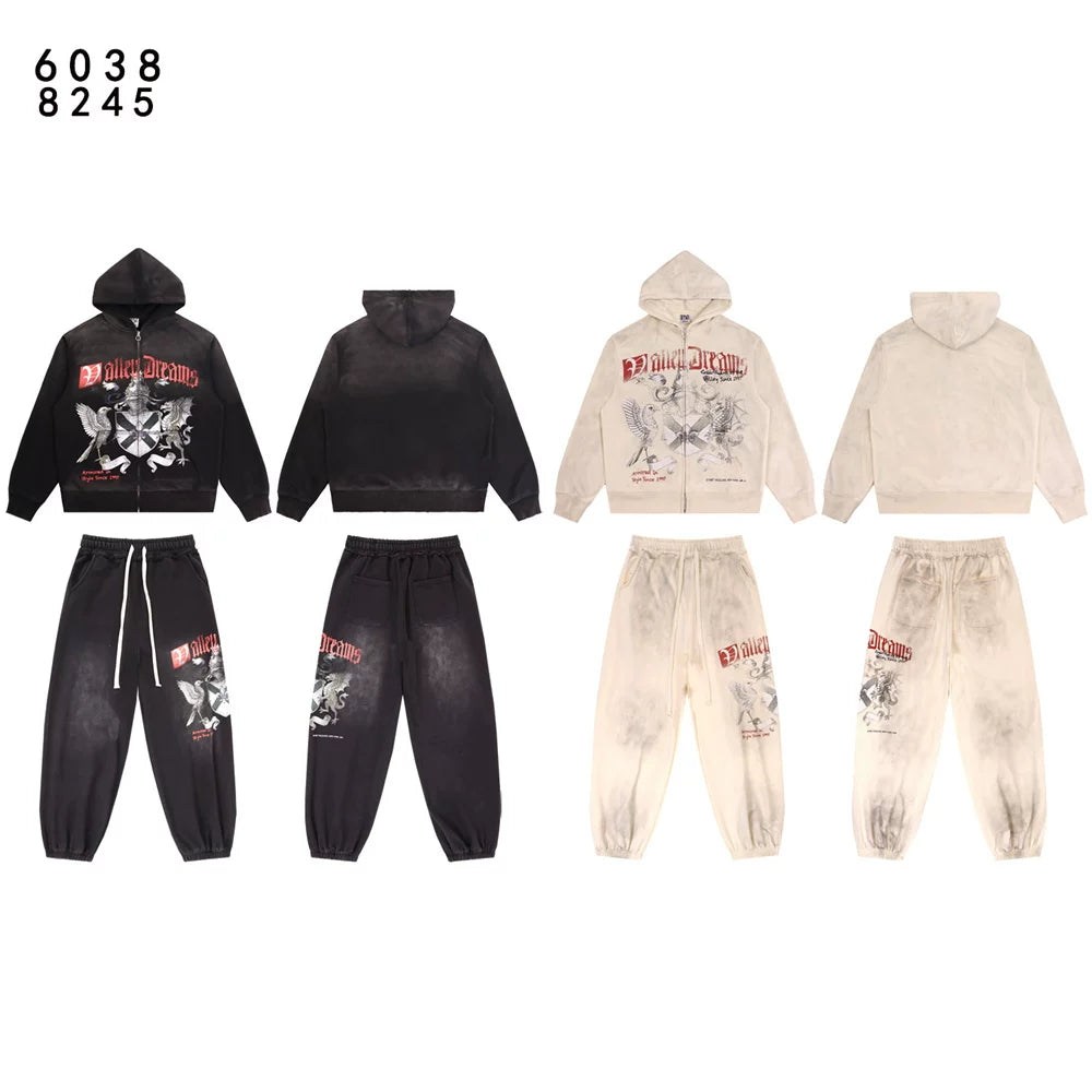 Vale Forever Valley Retro Printed High Street Trendy Casual Hoodie Pants Set
