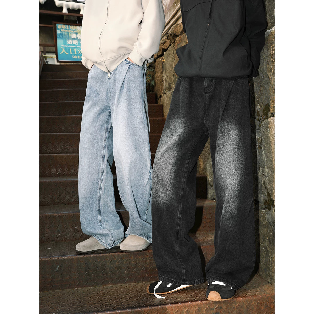 MANYSTON American retro washed denim pants men's summer trendy brand casual loose wide leg straight leg pants