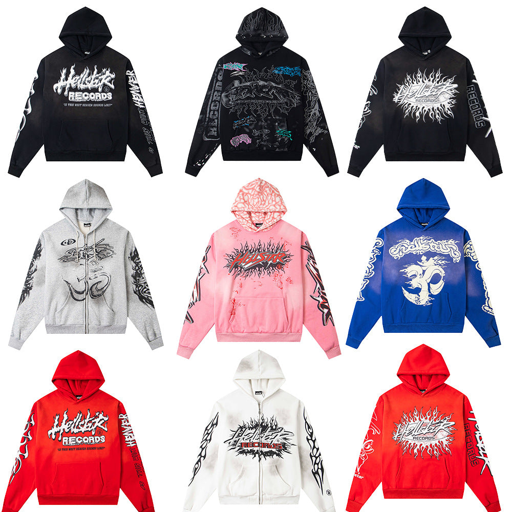 Cross border fashion Hellstar spray horse chestnut retro high street hoodie printed with American hip-hop street fleece hoodie