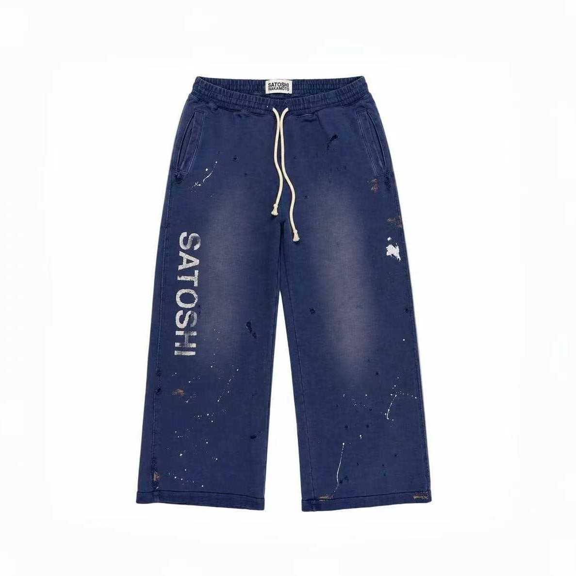 Cross border trendy brand Satoshi Nakamoto lace up, worn mid waist, splashed ink, washed away, damaged sports and casual pants