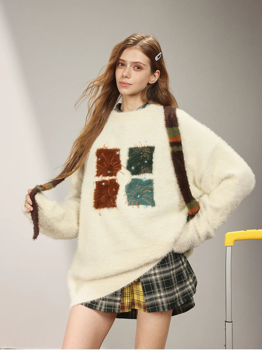 Celebrity style MANYSTON American high street embroidered sweater for men's spring and autumn couples round neck knit sweater