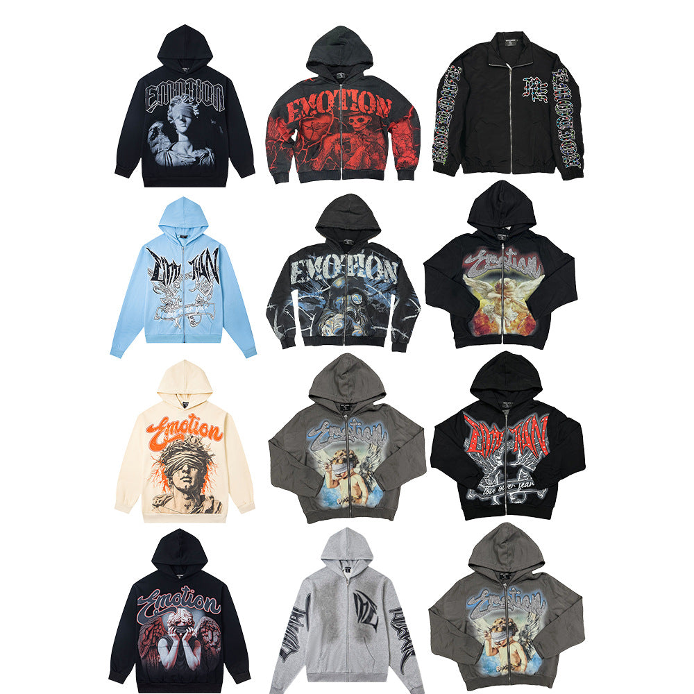 Cross border fashion new MIXEDEMOTION American street hip-hop pure cotton highly restored hooded sweatshirt