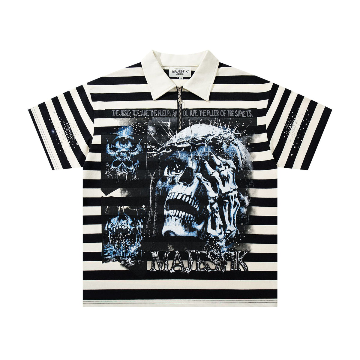 Cross border Meichao MAJESTIK Direct Spray American Street Hip Hop Printed Hot Diamond Embroidered Retro Washed Short sleeved T-shirt