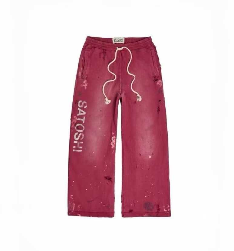 Cross border trendy brand Satoshi Nakamoto lace up, worn mid waist, splashed ink, washed away, damaged sports and casual pants