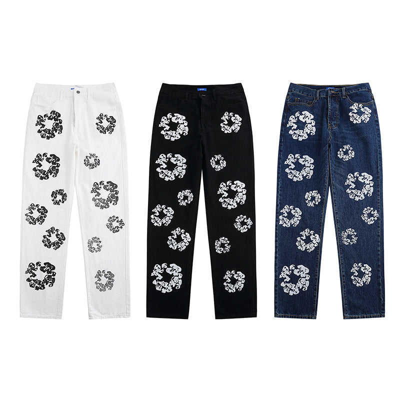 跨境潮牌Denim Tears美式街头高街休闲嘻哈印花牛仔长裤宽松舒适