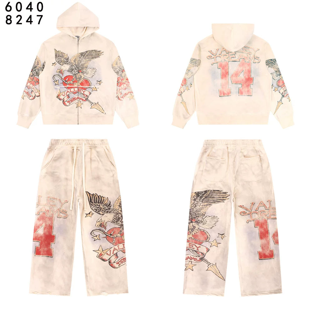 Vale Forever Valley Retro Printed High Street Trendy Casual Hoodie Pants Set