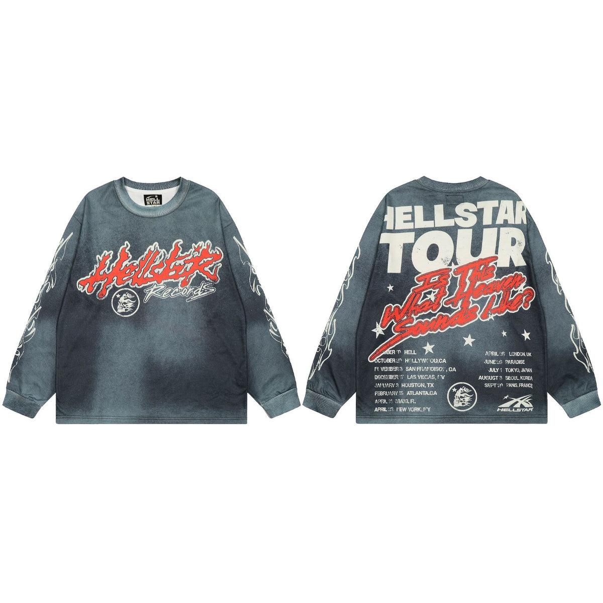 Cross border Hellstar Washed Retro Spray Horse Willow American Street Hip Hop Printed Long Sleeve T-shirt
