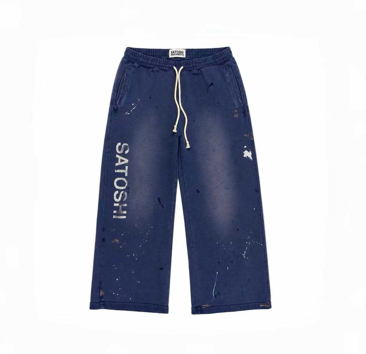 Cross border trendy brand Satoshi Nakamoto lace up, worn mid waist, splashed ink, washed away, damaged sports and casual pants