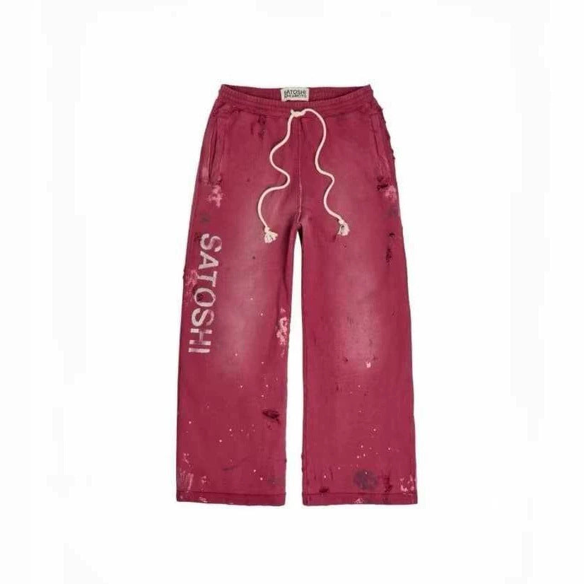 Cross border trendy brand Satoshi Nakamoto lace up, worn mid waist, splashed ink, washed away, damaged sports and casual pants