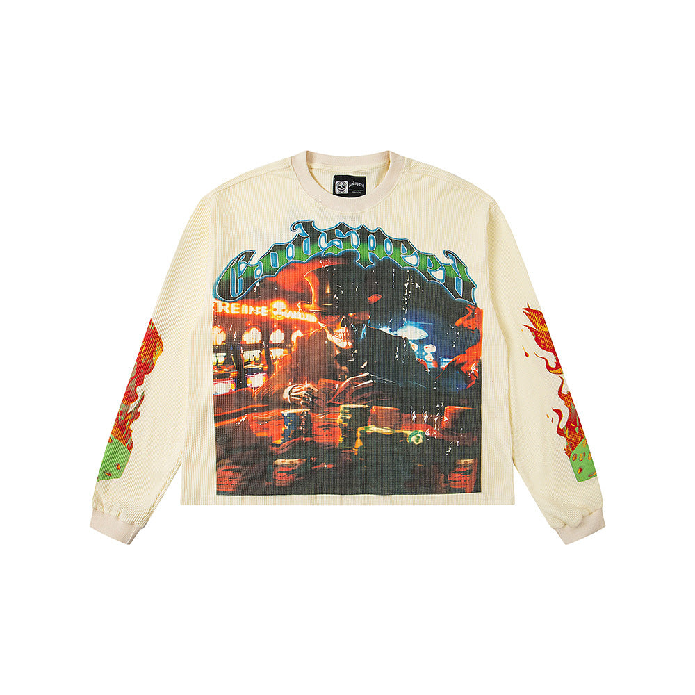 Cross border fashion Godspeed new American street hip-hop print retro waffle casual long sleeved T-shirt