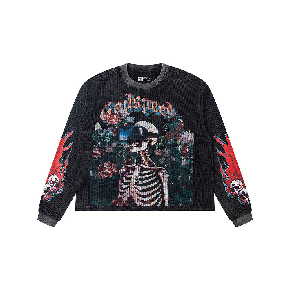 Cross border fashion Godspeed new American street hip-hop print retro waffle casual long sleeved T-shirt