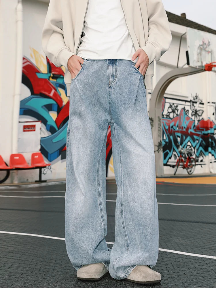 MANYSTON American retro washed denim pants men's summer trendy brand casual loose wide leg straight leg pants