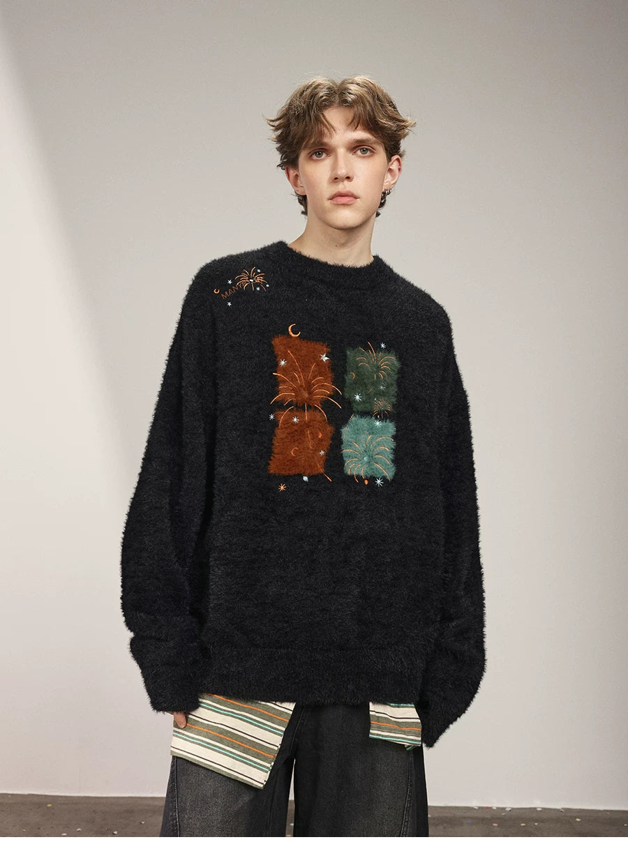 Celebrity style MANYSTON American high street embroidered sweater for men's spring and autumn couples round neck knit sweater