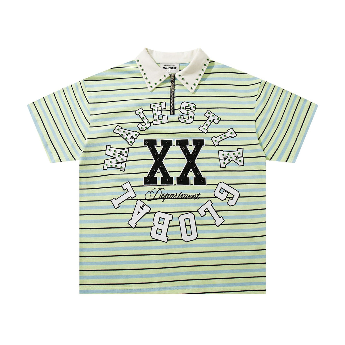 Cross border Meichao MAJESTIK Direct Spray American Street Hip Hop Printed Hot Diamond Embroidered Retro Washed Short sleeved T-shirt