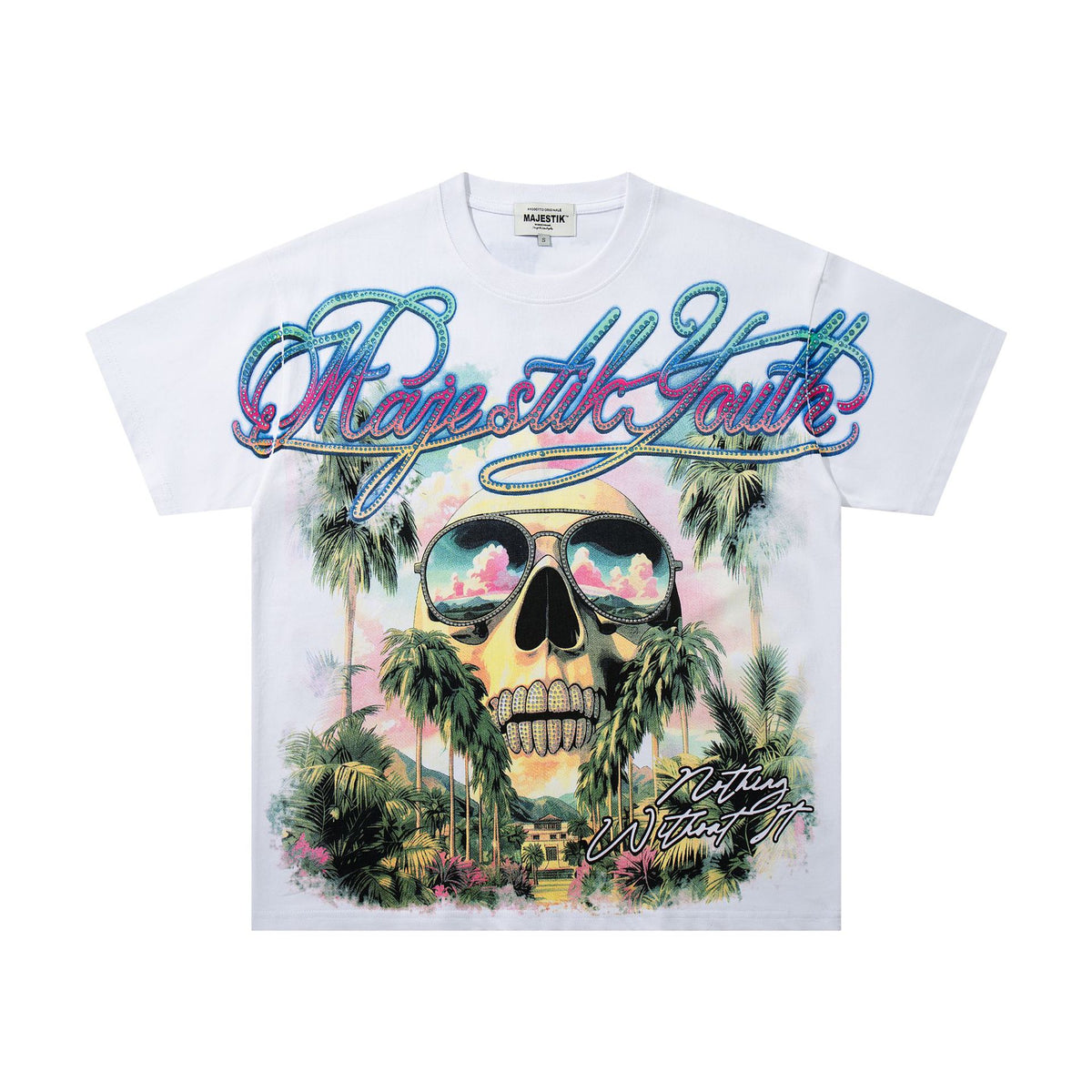 Cross border Meichao MAJESTIK Direct Spray American Street Hip Hop Printed Hot Diamond Retro Washed Short Sleeve T-shirt