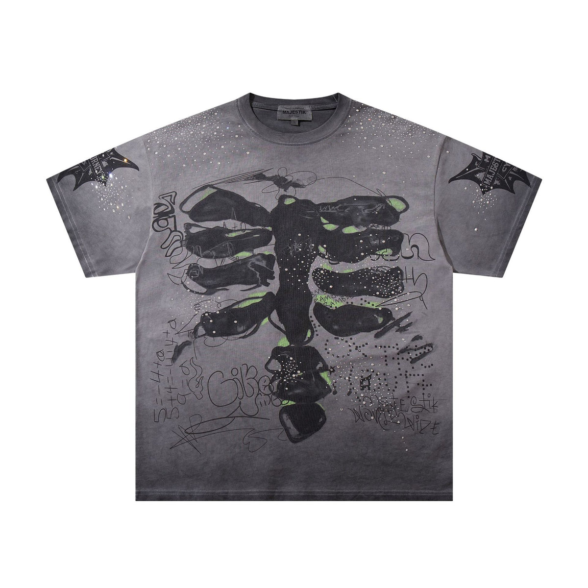 Cross border Meichao MAJESTIK Direct Spray American Street Hip Hop Printed Hot Diamond Retro Washed Short Sleeve T-shirt