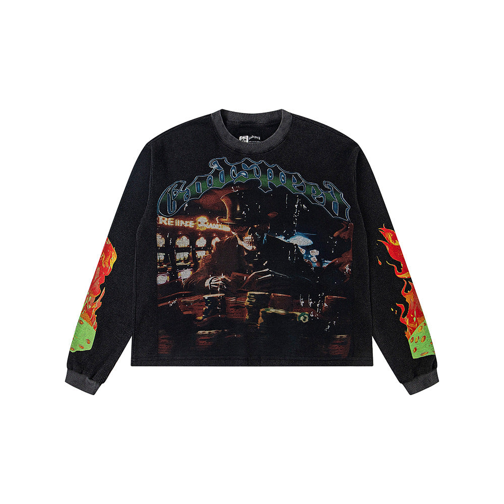 Cross border fashion Godspeed new American street hip-hop print retro waffle casual long sleeved T-shirt