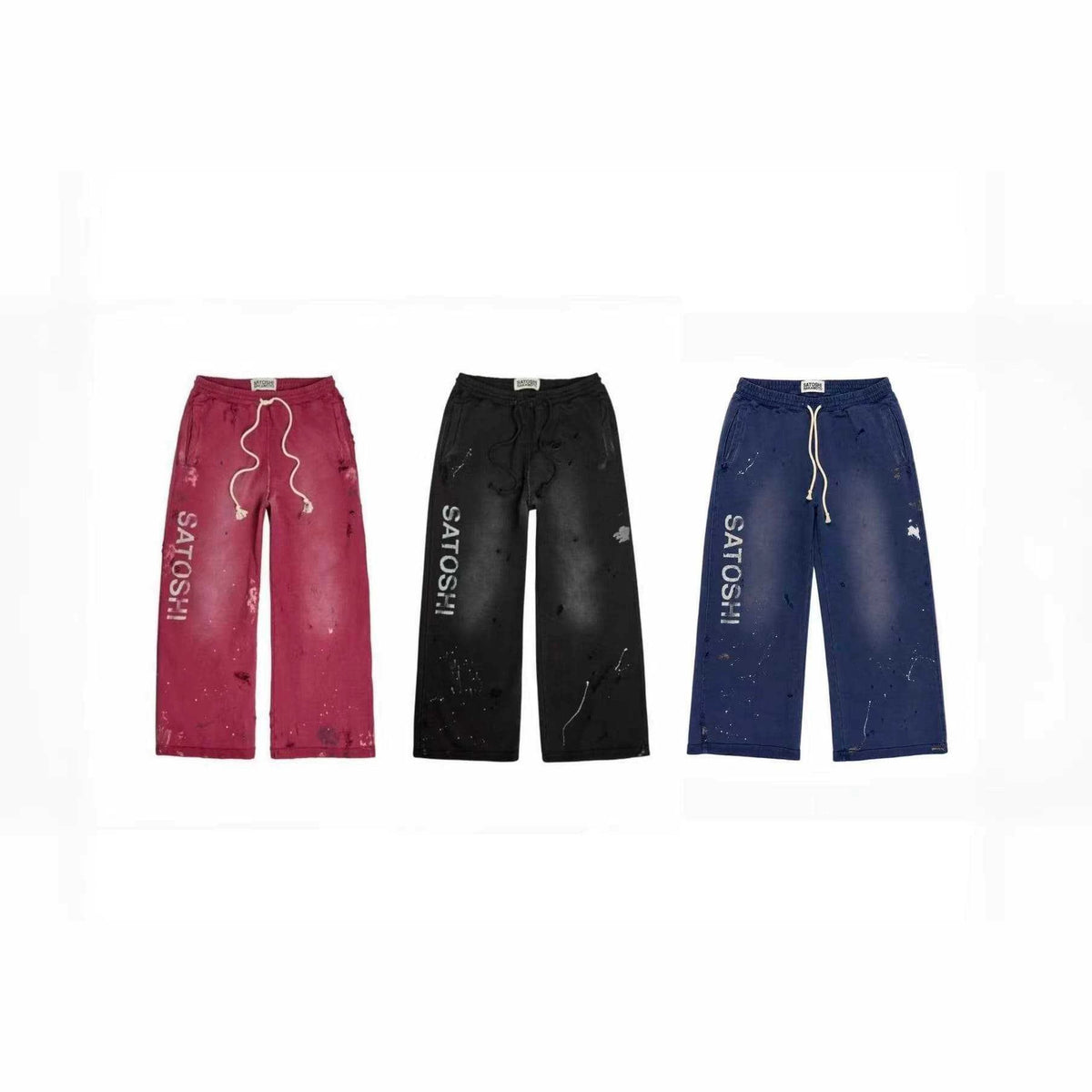 Cross border trendy brand Satoshi Nakamoto lace up, worn mid waist, splashed ink, washed away, damaged sports and casual pants
