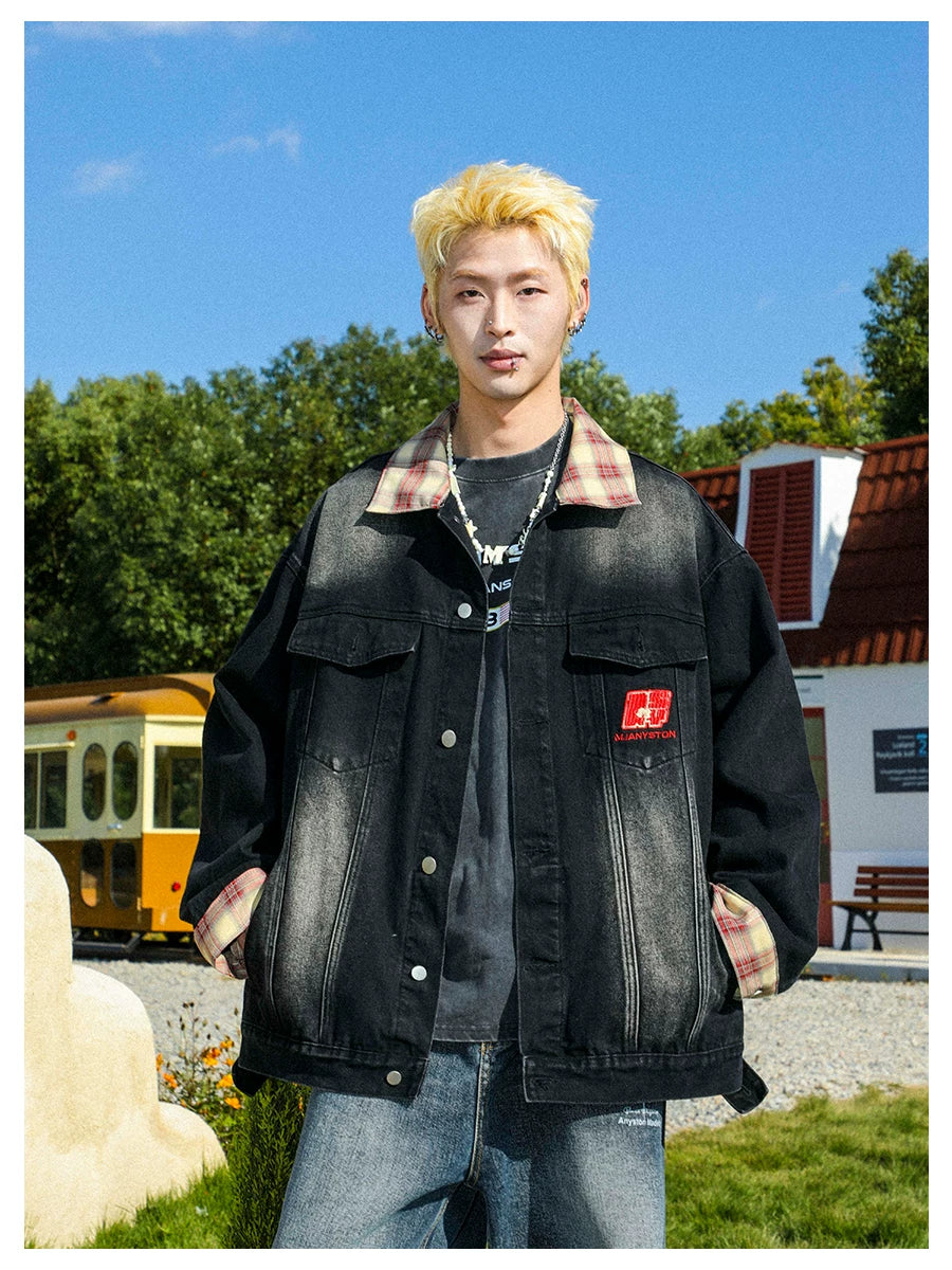 MANYSTON American Retro Collar Casual Jacket for Boys, Spring and Autumn Style, Trendy Brand, European and American Street Denim Jacket