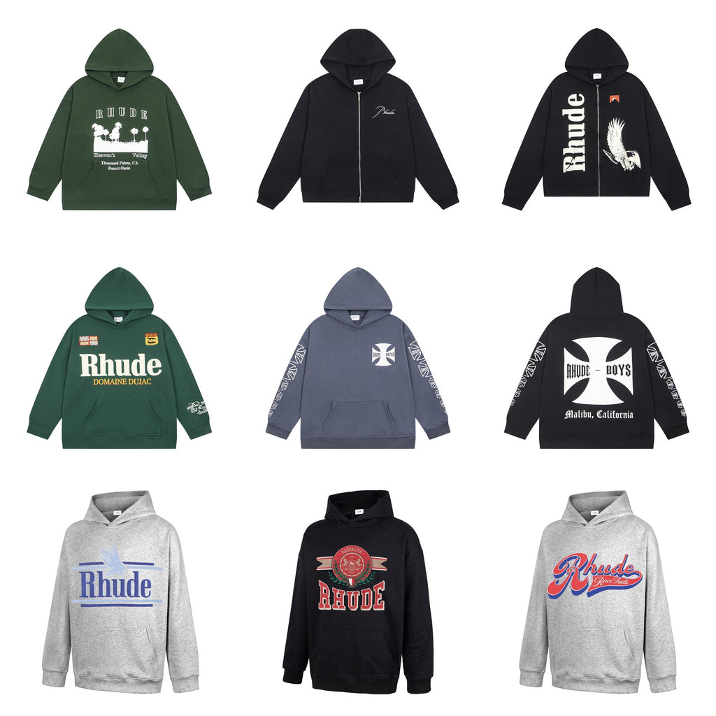 Cross border trendy brand RHUDE personalized pattern letter print heavyweight cotton casual comfortable and fashionable hooded sweatshirt