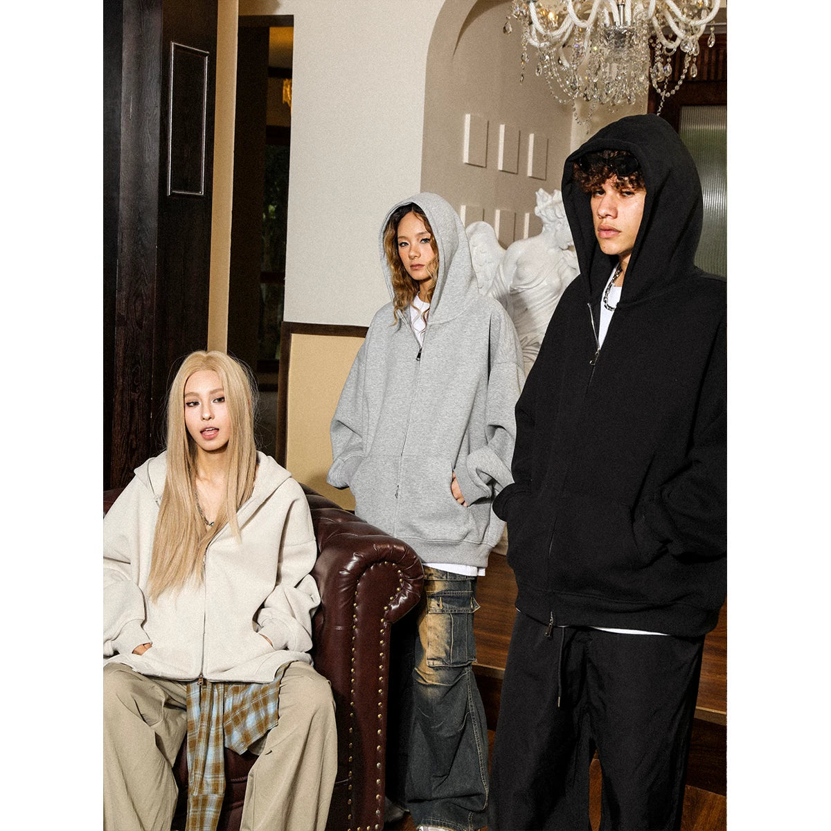 MANYSTON American high street cardigan zipper sweatshirt men's spring and autumn 400g heavyweight solid color long sleeved hooded jacket