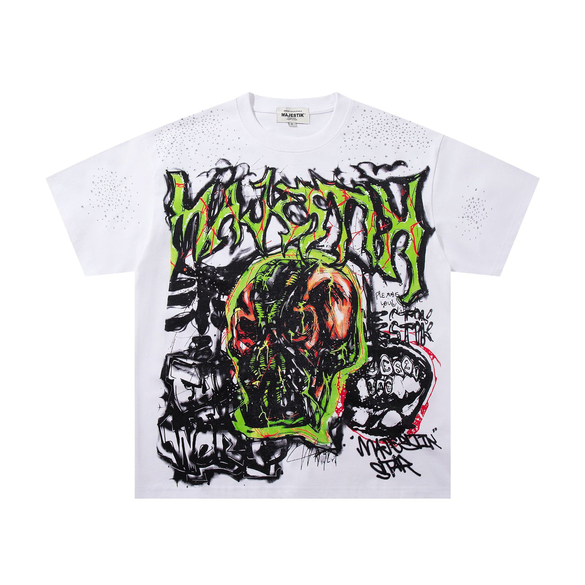 Cross border Meichao MAJESTIK Direct Spray American Street Hip Hop Printed Hot Diamond Retro Washed Short Sleeve T-shirt
