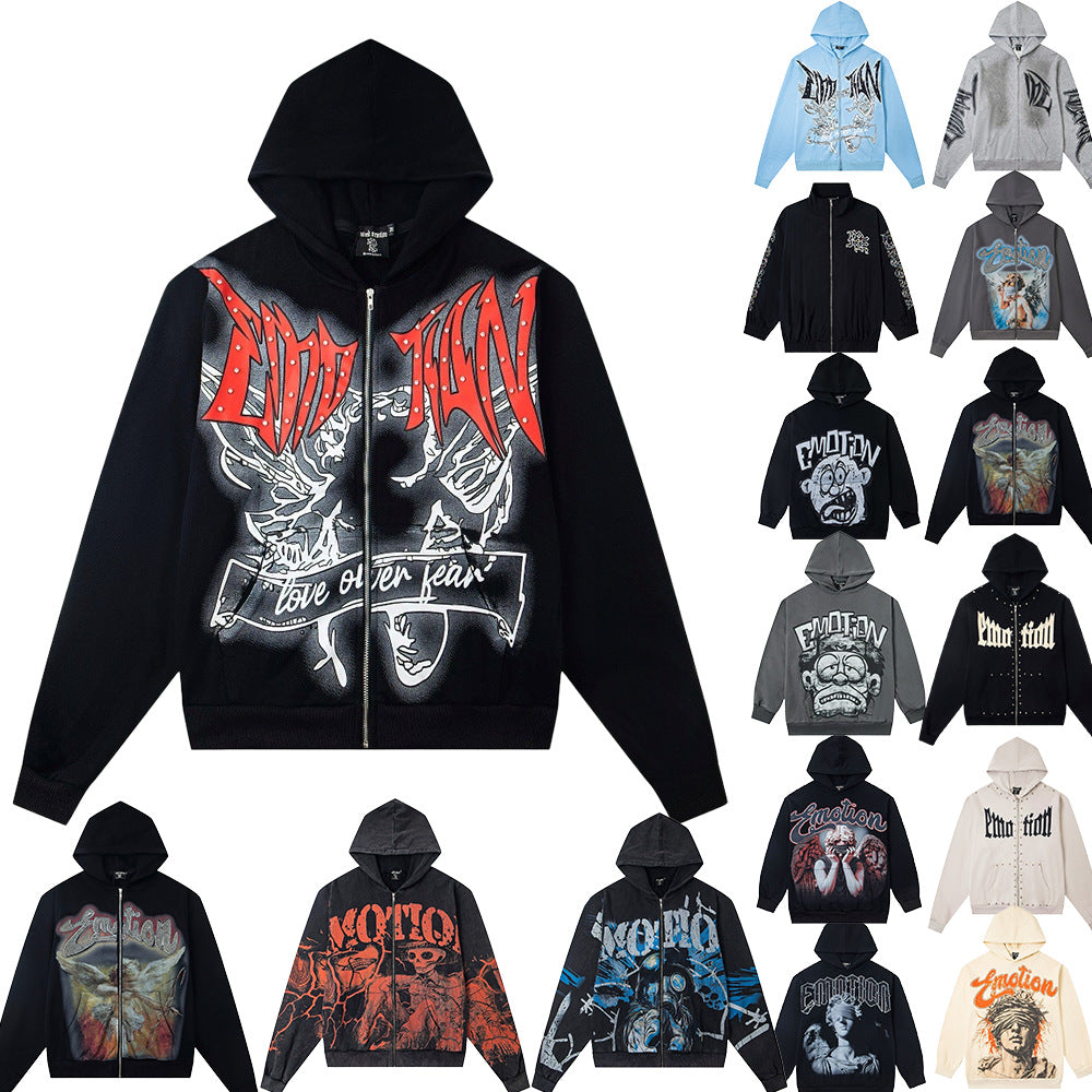 Cross border fashion new MIXEDEMOTION American street hip-hop pure cotton highly restored hooded sweatshirt