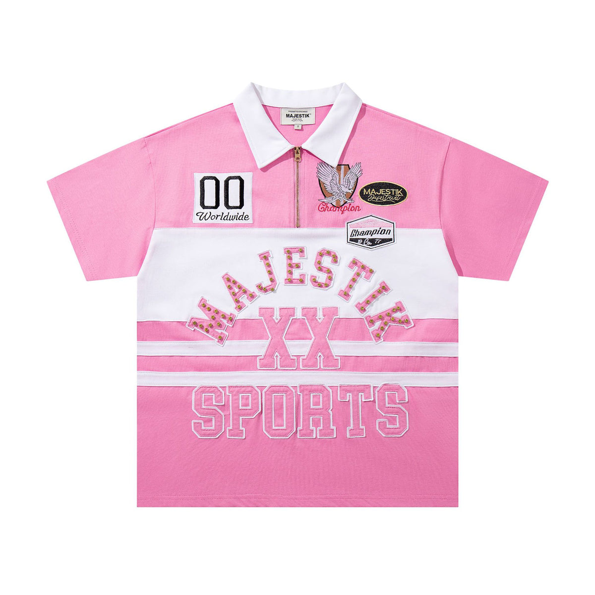 Cross border Meichao MAJESTIK Direct Spray American Street Hip Hop Printed Hot Diamond Embroidered Retro Washed Short sleeved T-shirt