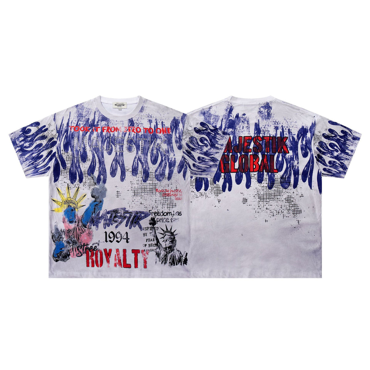 Cross border Meichao MAJESTIK Direct Spray American Street Hip Hop Printed Hot Diamond Retro Washed Short Sleeve T-shirt
