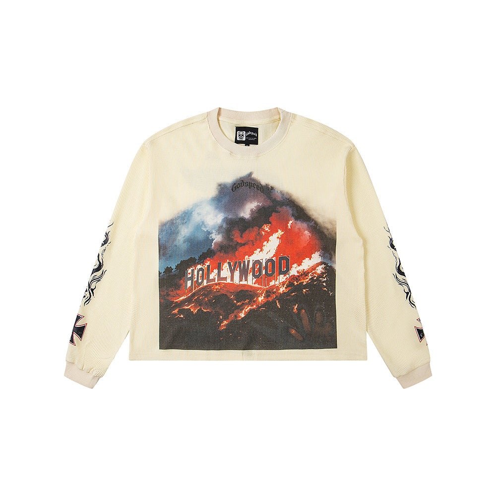 Cross border fashion Godspeed new American street hip-hop print retro waffle casual long sleeved T-shirt